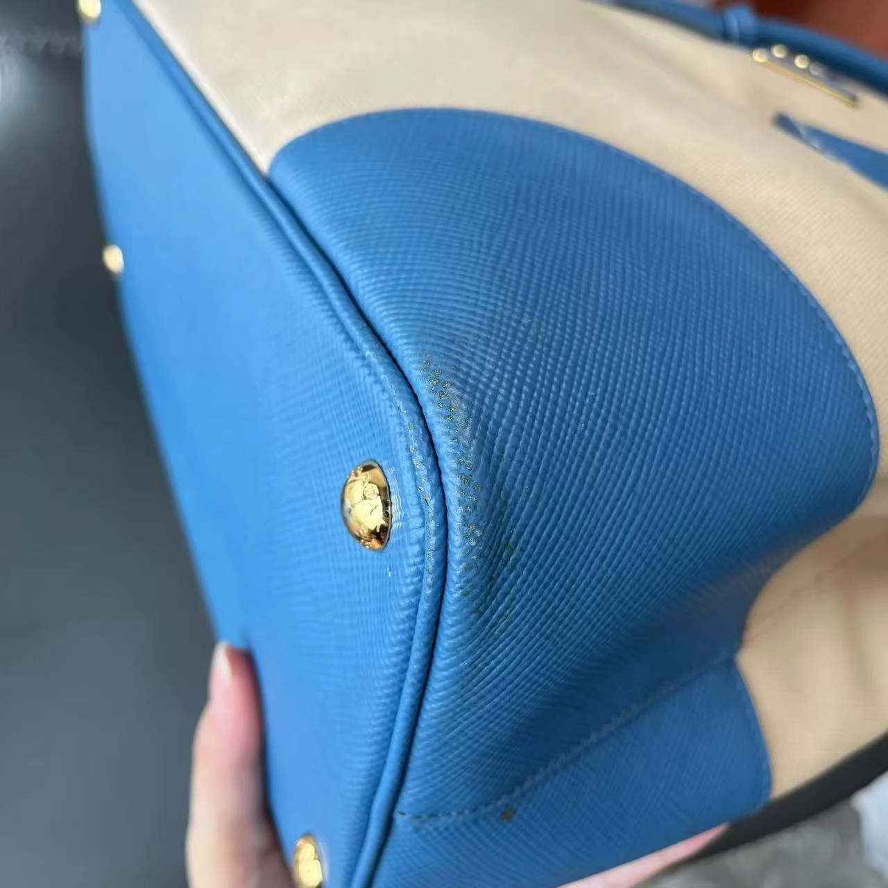 PRADA Route Tote Medium Beige & Blue Canvas PRADA Route Tote Medium Beige & Blue Canvas