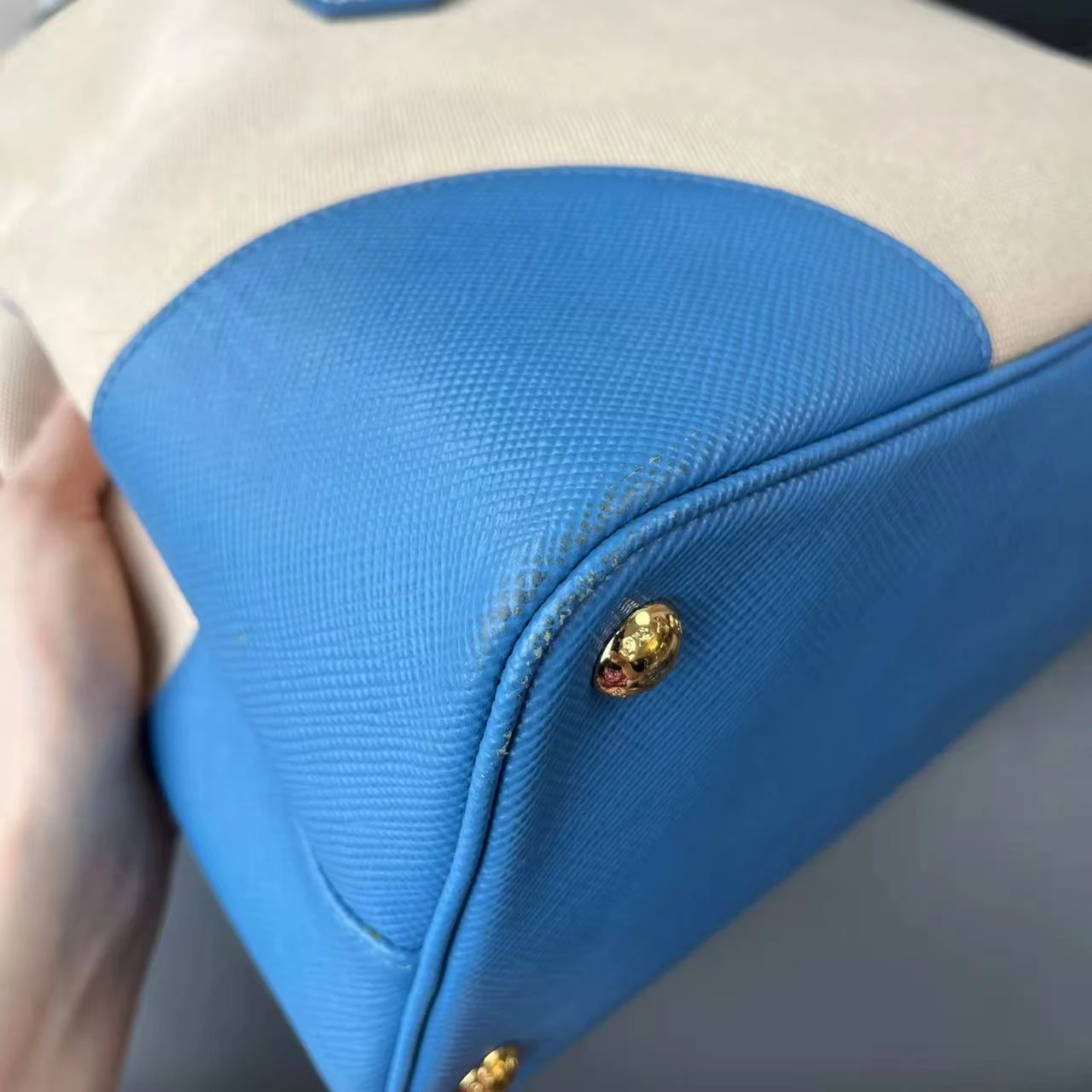 PRADA Route Tote Medium Beige & Blue Canvas PRADA Route Tote Medium Beige & Blue Canvas