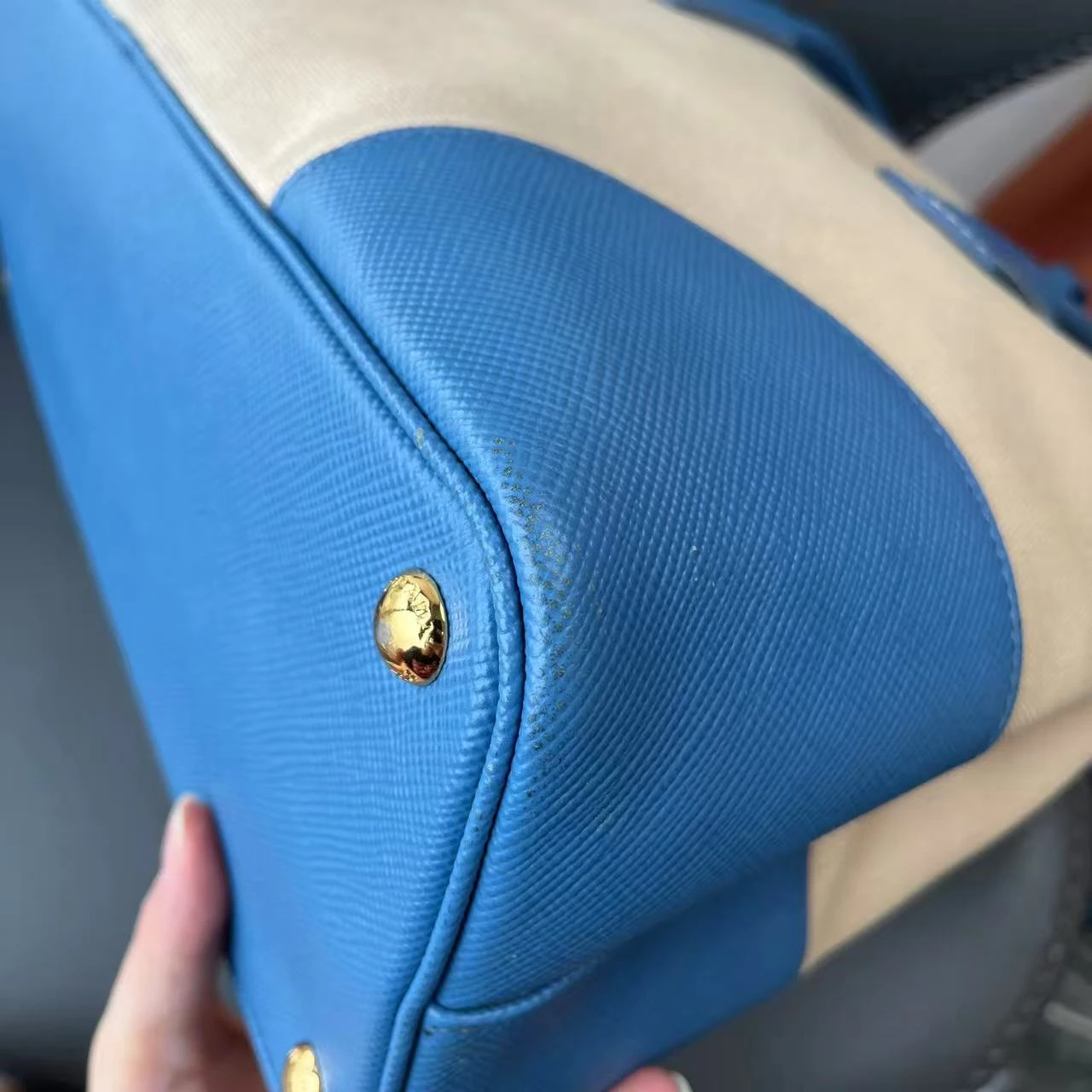 PRADA Route Tote Medium Beige & Blue Canvas PRADA Route Tote Medium Beige & Blue Canvas