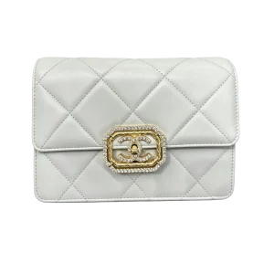 CHANEL Crystal Turnlock Flap Medium White Calfskin Leather With Crystal & Gold Hardware