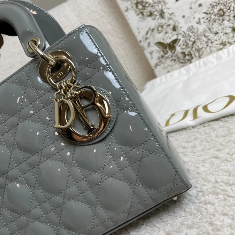 DIOR Small Lady Dior Bag Grey Patent Leather New DIOR Small Lady Dior Bag Grey Patent Leather New