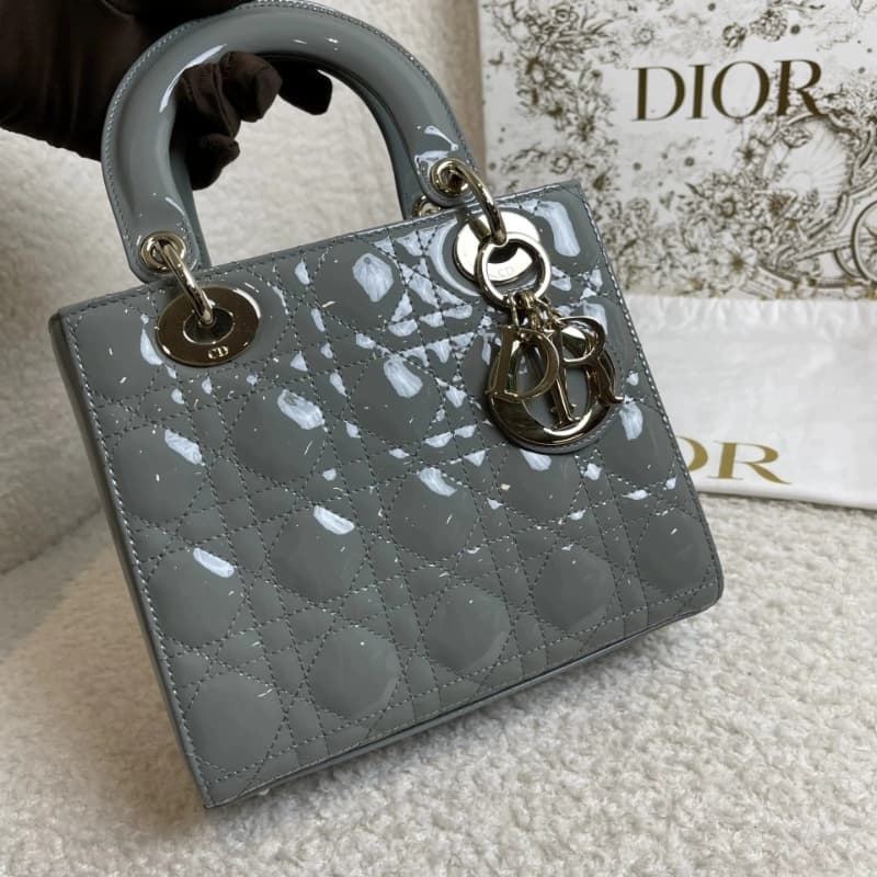 DIOR Small Lady Dior Bag Grey Patent Leather New DIOR Small Lady Dior Bag Grey Patent Leather New