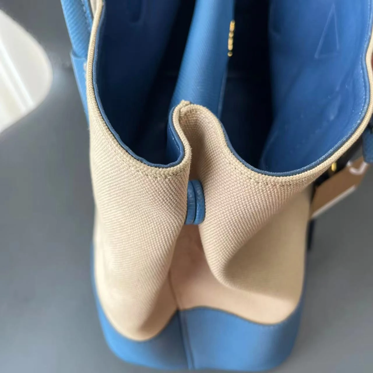 PRADA Route Tote Medium Beige & Blue Canvas PRADA Route Tote Medium Beige & Blue Canvas