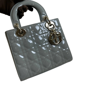 DIOR Small Lady Dior Bag Grey Patent Leather New