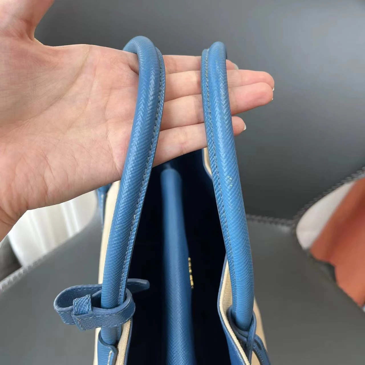 PRADA Route Tote Medium Beige & Blue Canvas PRADA Route Tote Medium Beige & Blue Canvas