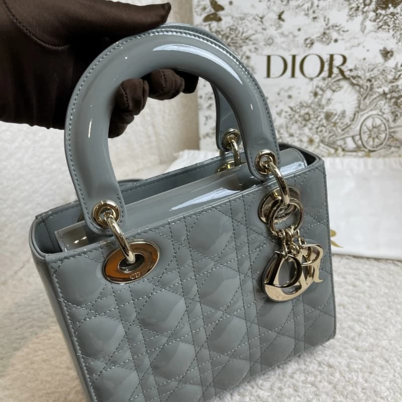 DIOR Small Lady Dior Bag Grey Patent Leather New DIOR Small Lady Dior Bag Grey Patent Leather New