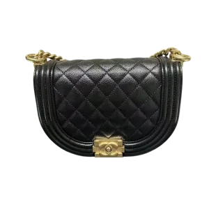 CHANEL Boy Half Moon (Saddle) Black Caviar Calfskin Leather Gold-Tone Hardware Crossbody Bag