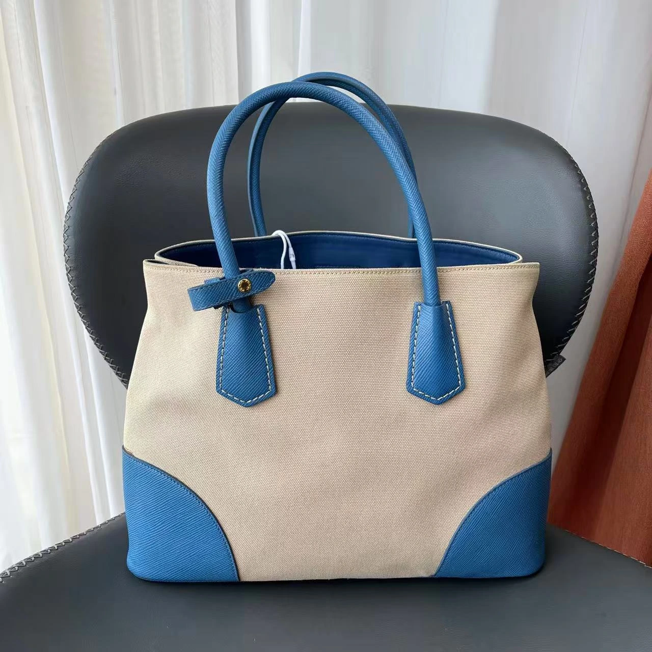 PRADA Route Tote Medium Beige & Blue Canvas PRADA Route Tote Medium Beige & Blue Canvas