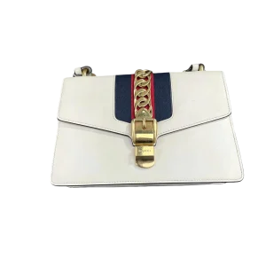 GUCCI Sylvie Medium White Leather With Web Stripe & Gold Hardware