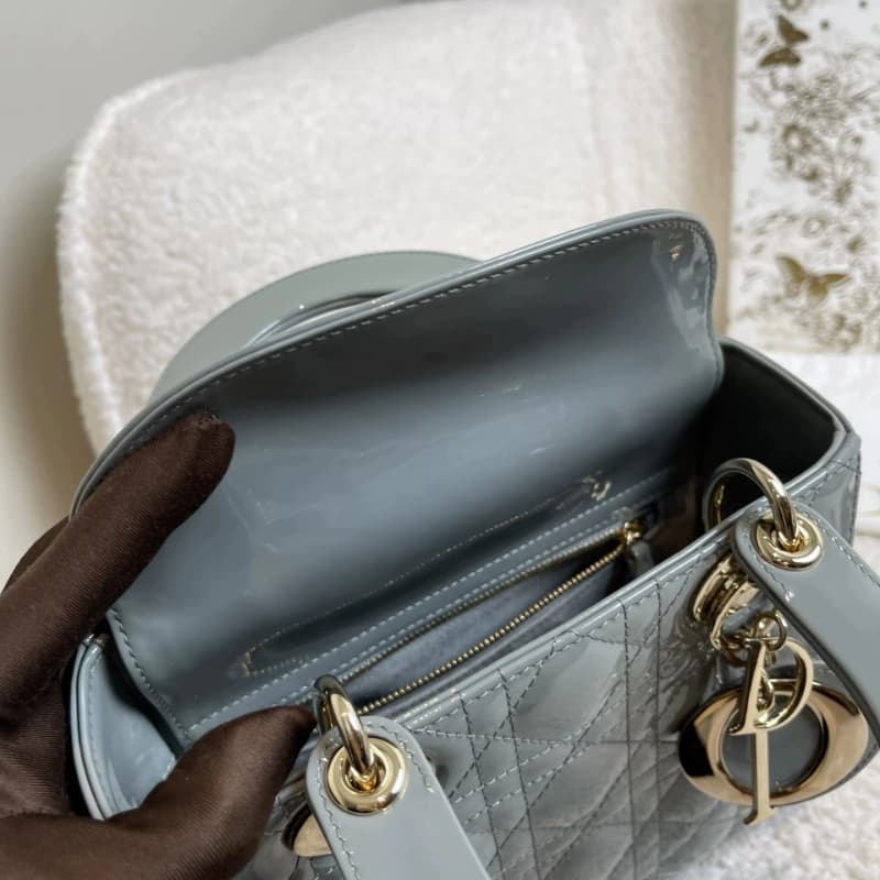 DIOR Small Lady Dior Bag Grey Patent Leather New DIOR Small Lady Dior Bag Grey Patent Leather New