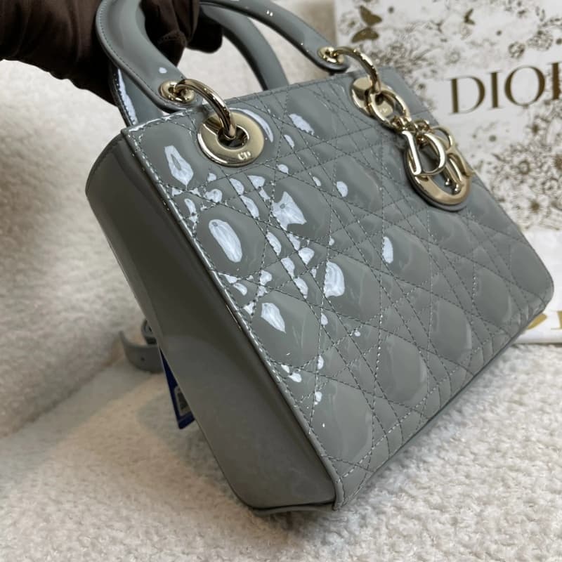 DIOR Small Lady Dior Bag Grey Patent Leather New DIOR Small Lady Dior Bag Grey Patent Leather New