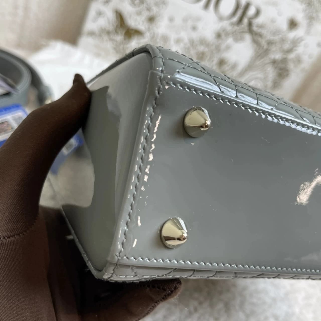 DIOR Small Lady Dior Bag Grey Patent Leather New DIOR Small Lady Dior Bag Grey Patent Leather New