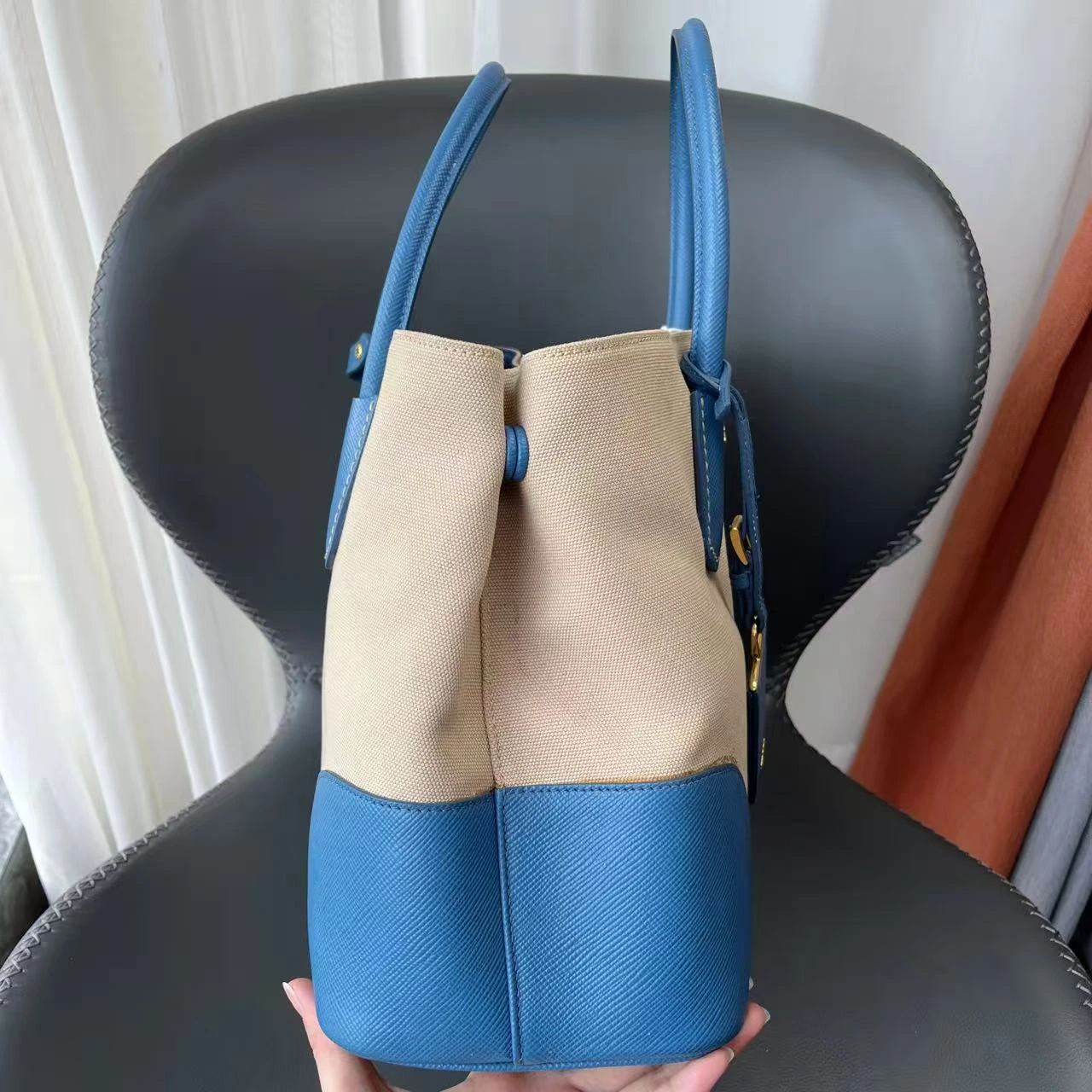 PRADA Route Tote Medium Beige & Blue Canvas PRADA Route Tote Medium Beige & Blue Canvas
