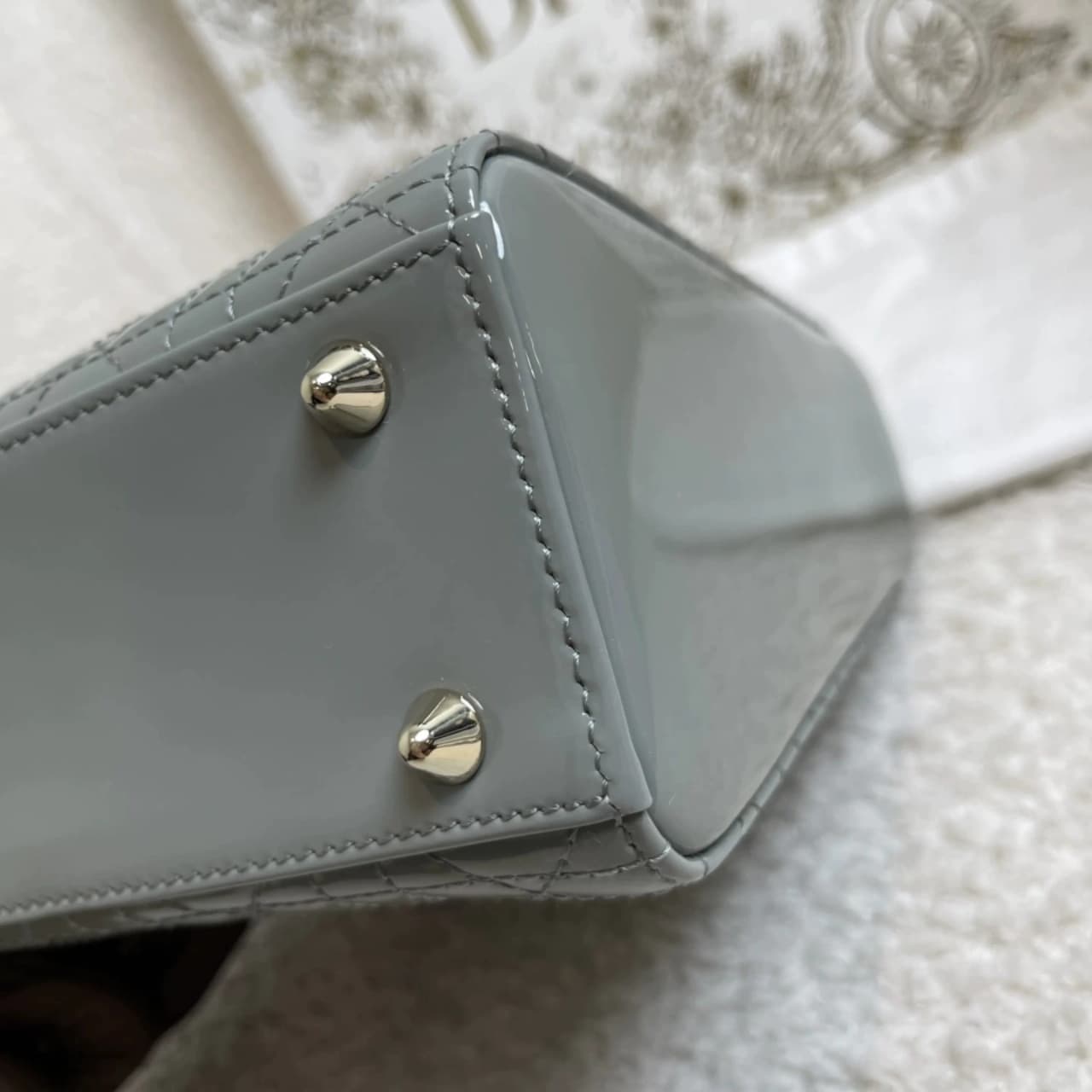 DIOR Small Lady Dior Bag Grey Patent Leather New DIOR Small Lady Dior Bag Grey Patent Leather New