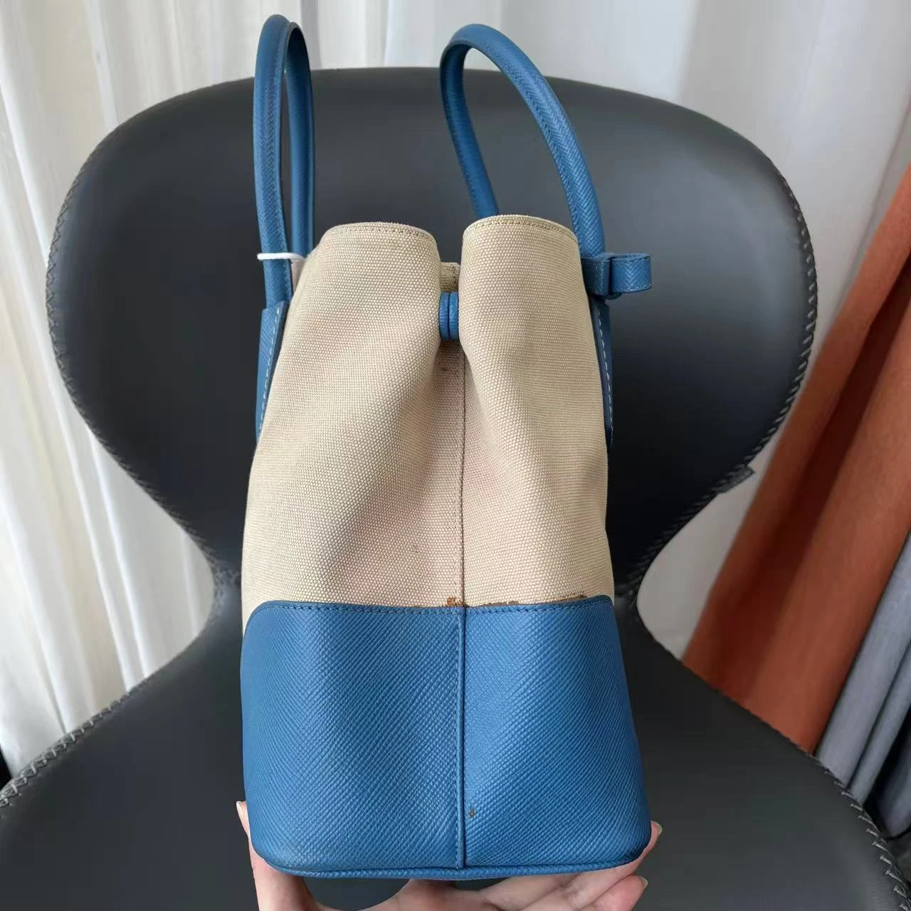PRADA Route Tote Medium Beige & Blue Canvas PRADA Route Tote Medium Beige & Blue Canvas