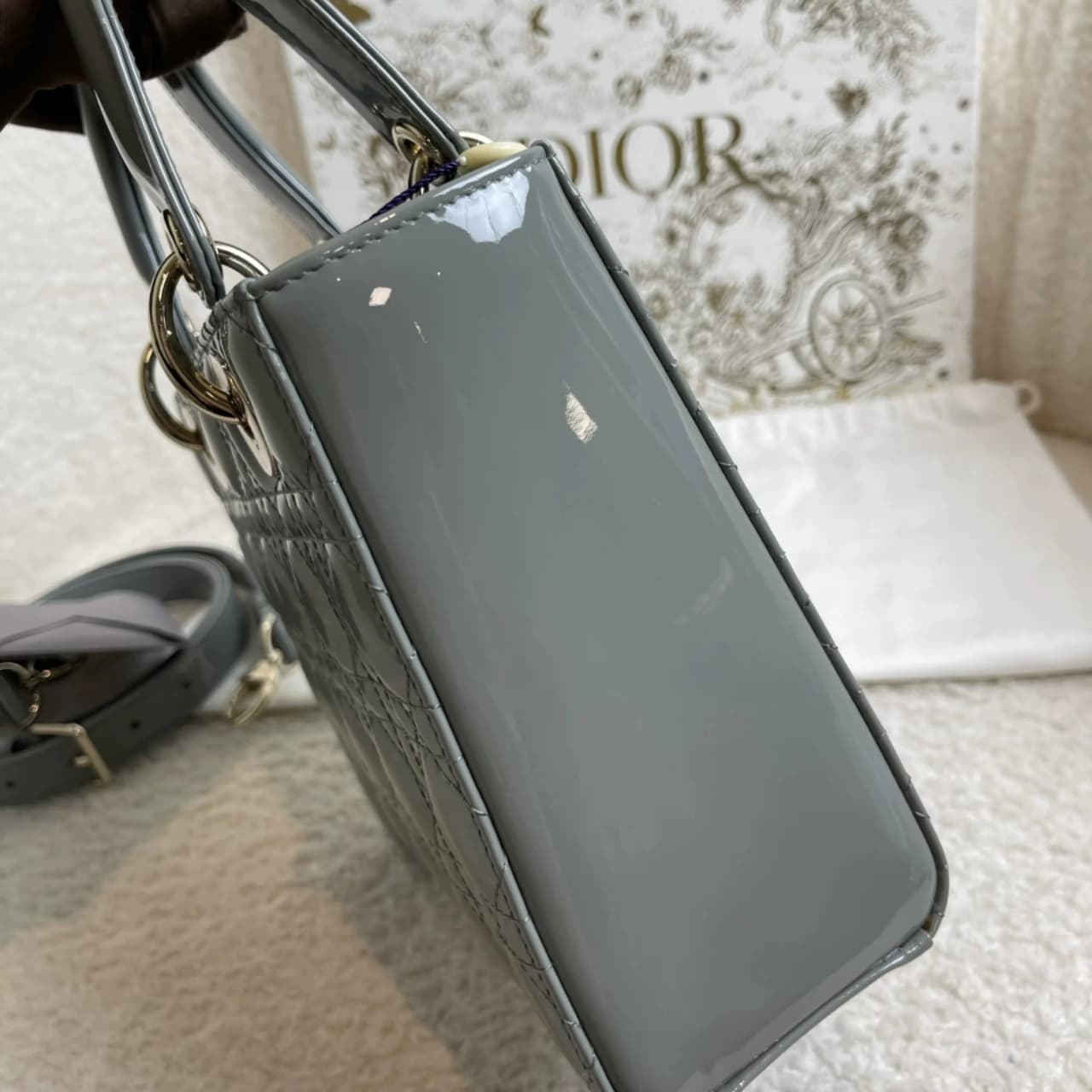 DIOR Small Lady Dior Bag Grey Patent Leather New DIOR Small Lady Dior Bag Grey Patent Leather New