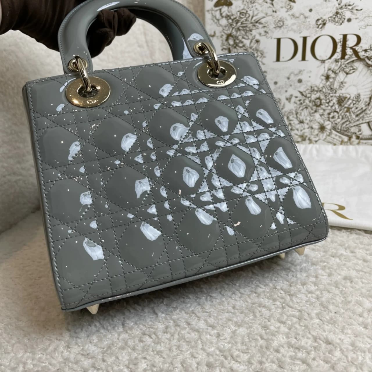 DIOR Small Lady Dior Bag Grey Patent Leather New DIOR Small Lady Dior Bag Grey Patent Leather New