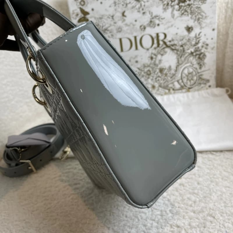 DIOR Small Lady Dior Bag Grey Patent Leather New DIOR Small Lady Dior Bag Grey Patent Leather New