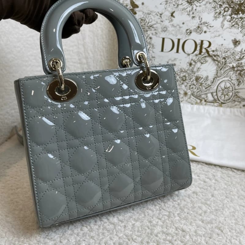 DIOR Small Lady Dior Bag Grey Patent Leather New DIOR Small Lady Dior Bag Grey Patent Leather New