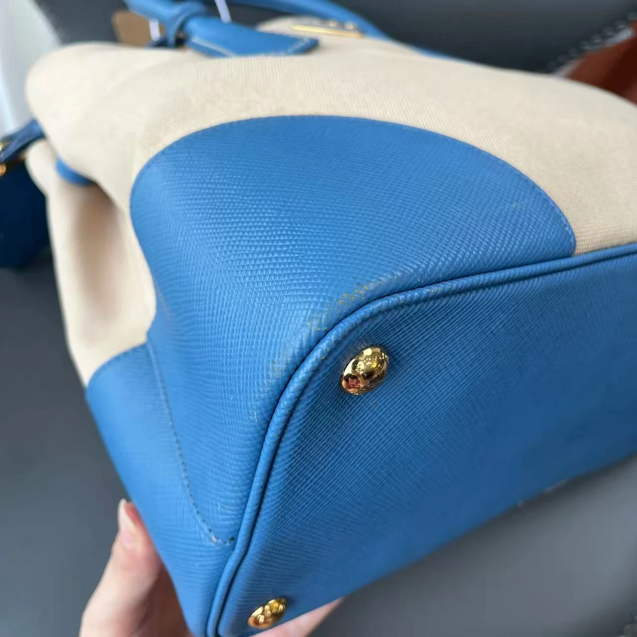PRADA Route Tote Medium Beige & Blue Canvas PRADA Route Tote Medium Beige & Blue Canvas